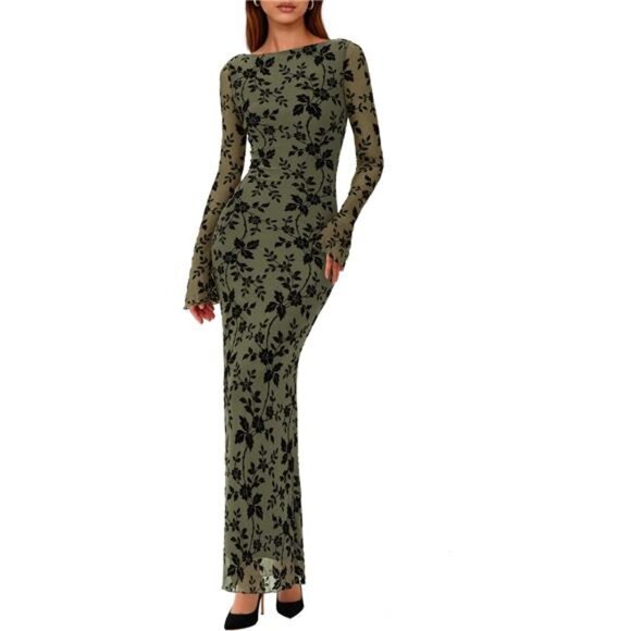 Women's Bodycon Maxi Dress Elegant Mesh Green - Picture 1 of 6